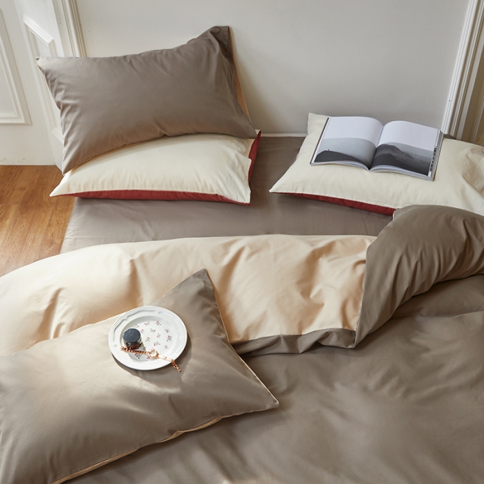 91家纺网 家纺一手货源 找家纺 怡家居 2022新款全棉100支磨毛四件套 暗咖-浅咖其