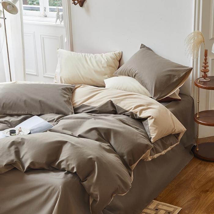 91家纺网 家纺一手货源 找家纺 怡家居 2022新款全棉100支磨毛四件套 暗咖-浅咖其