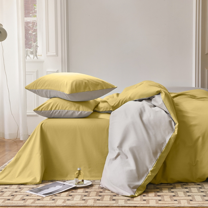 91家纺网 家纺一手货源 找家纺 怡家居 2022新款全棉100支磨毛四件套 暖黄浅灰