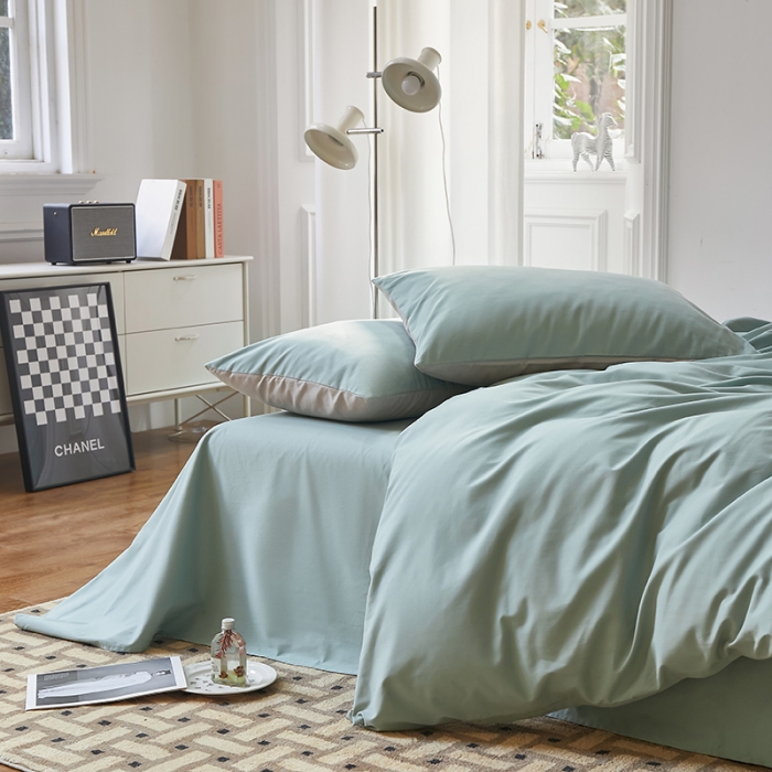 91家纺网 家纺一手货源 找家纺 怡家居 2022新款全棉100支磨毛四件套 松子绿灰