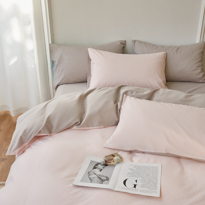 91家纺网 家纺一手货源 找家纺 怡家居 2022新款全棉100支磨毛四件套 樱花粉雅灰