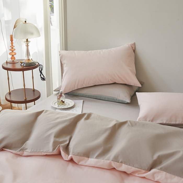 91家纺网 家纺一手货源 找家纺 怡家居 2022新款全棉100支磨毛四件套 樱花粉雅灰