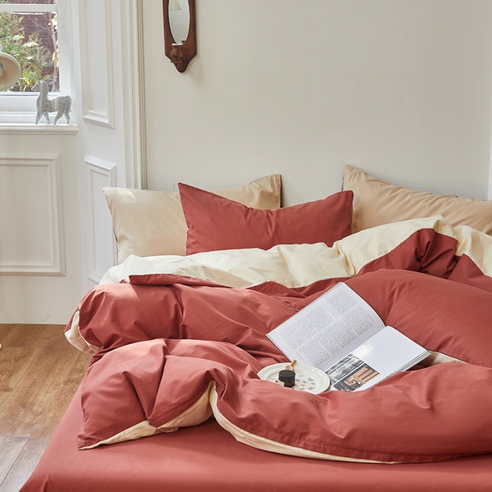 91家纺网 家纺一手货源 找家纺 怡家居 2022新款全棉100支磨毛四件套 砖红-奶玉