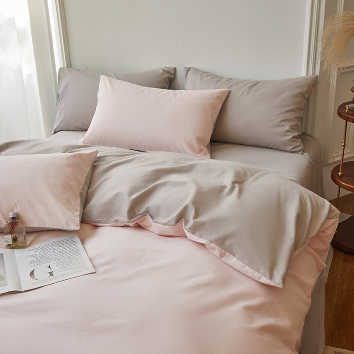 91家纺网 家纺一手货源 找家纺 怡家居 2022新款全棉100支磨毛四件套 樱花粉雅灰