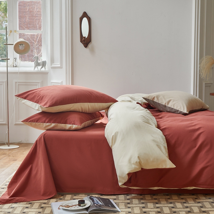 91家纺网 家纺一手货源 找家纺 怡家居 2022新款全棉100支磨毛四件套 砖红-奶玉