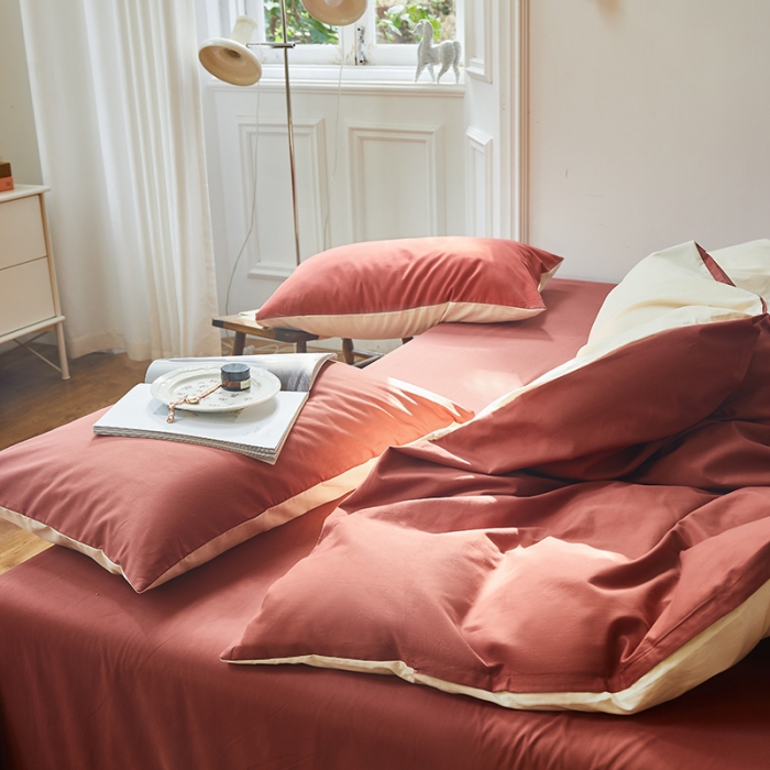 91家纺网 家纺一手货源 找家纺 怡家居 2022新款全棉100支磨毛四件套 砖红-奶玉