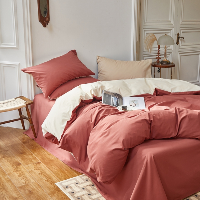 91家纺网 家纺一手货源 找家纺 怡家居 2022新款全棉100支磨毛四件套 砖红-奶玉