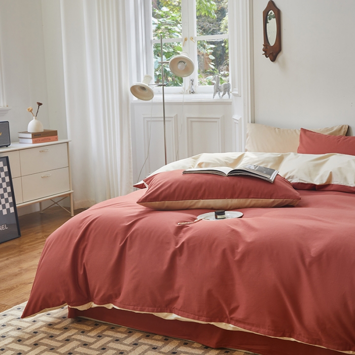 91家纺网 家纺一手货源 找家纺 怡家居 2022新款全棉100支磨毛四件套 砖红-奶玉