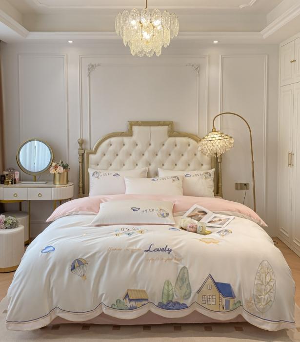 91家纺网 家纺一手货源 找家纺 清新高级感春夏新品双面100纯棉刺绣四件套全棉绣花长绒棉床单 浪漫满屋-粉白