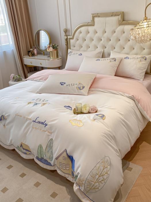 91家纺网 家纺一手货源 找家纺 清新高级感春夏新品双面100纯棉刺绣四件套全棉绣花长绒棉床单 浪漫满屋-粉白