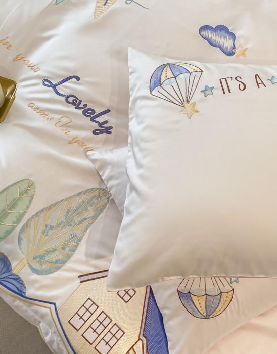 91家纺网 家纺一手货源 找家纺 清新高级感春夏新品双面100纯棉刺绣四件套全棉绣花长绒棉床单 浪漫满屋-粉白