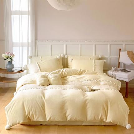 91家纺网 家纺一手货源 找家纺 婳庭家居 2023新款加厚牛奶绒绣球款四件套 绣球-米黄