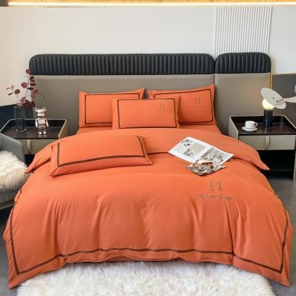 91家纺网 家纺一手货源 找家纺 千希家纺家纺 2023新款H刺绣亲肤磨毛四件套 H款暖橙色