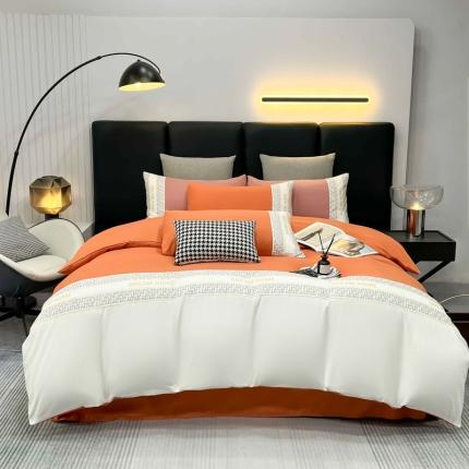 91家纺网 家纺一手货源 找家纺 千希家纺家纺 2023新款格调D潮牌拼接磨毛四件套 格调D-爱玛橙