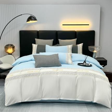 91家纺网 家纺一手货源 找家纺 千希家纺家纺 2023新款格调D潮牌拼接磨毛四件套 格调D-繁星蓝