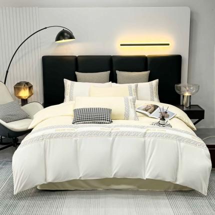 91家纺网 家纺一手货源 找家纺 千希家纺家纺 2023新款格调D潮牌拼接磨毛四件套 格调D-奶油黄