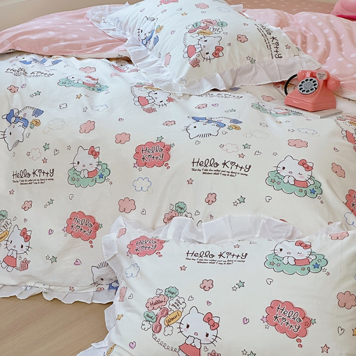 91家纺网 家纺一手货源 找家纺 月半弯 2023花边款Hello Kitty全棉四件套 花边款美好KT