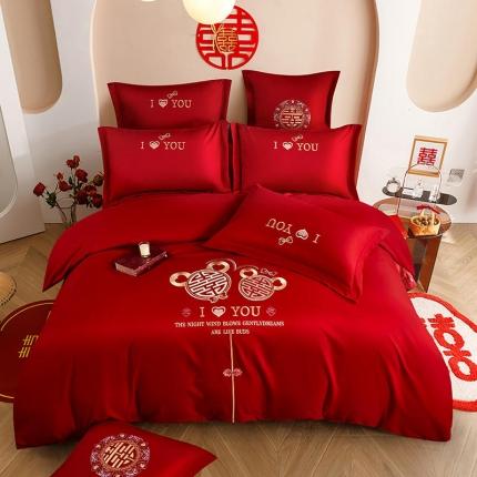 91家纺网 家纺一手货源 找家纺 玉雅家纺 2025新款亲肤棉刺绣婚庆四件套 心中有你