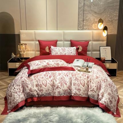 91家纺网 家纺一手货源 找家纺 甜咪咪简约轻奢婚庆全棉双面100S印花刺绣结婚纯棉套件 繁华