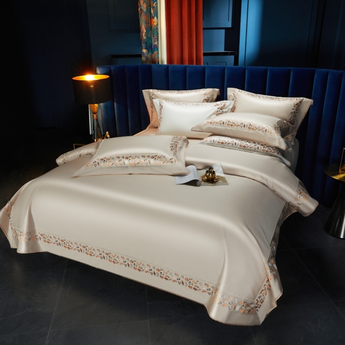 91家纺网 家纺一手货源 找家纺 缔缦 2023新款高端100s长绒棉刺绣四件套-寐 寐-卡其