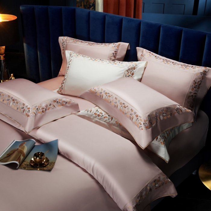 91家纺网 家纺一手货源 找家纺 缔缦 2023新款高端100s长绒棉刺绣四件套-寐 寐-浅粉
