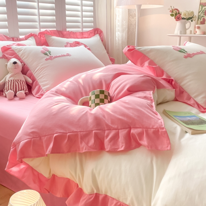 91家纺网 家纺一手货源 找家纺 易禾家纺 2024新款水洗亲肤棉毛巾绣四件套 郁金香-玫粉