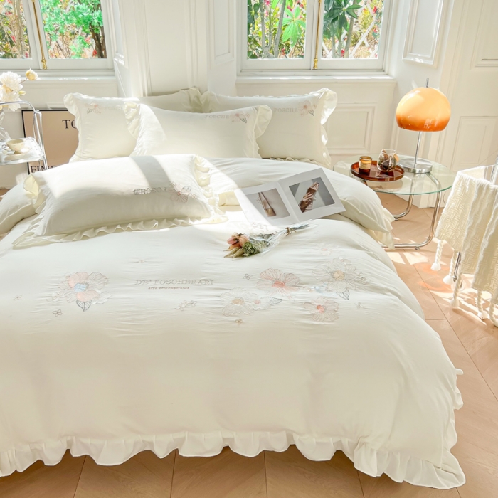 91家纺网 家纺一手货源 找家纺 ab家纺 2023新款满绣水洗棉四件套 本白