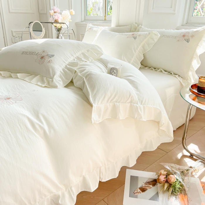 91家纺网 家纺一手货源 找家纺 ab家纺 2023新款满绣水洗棉四件套 本白