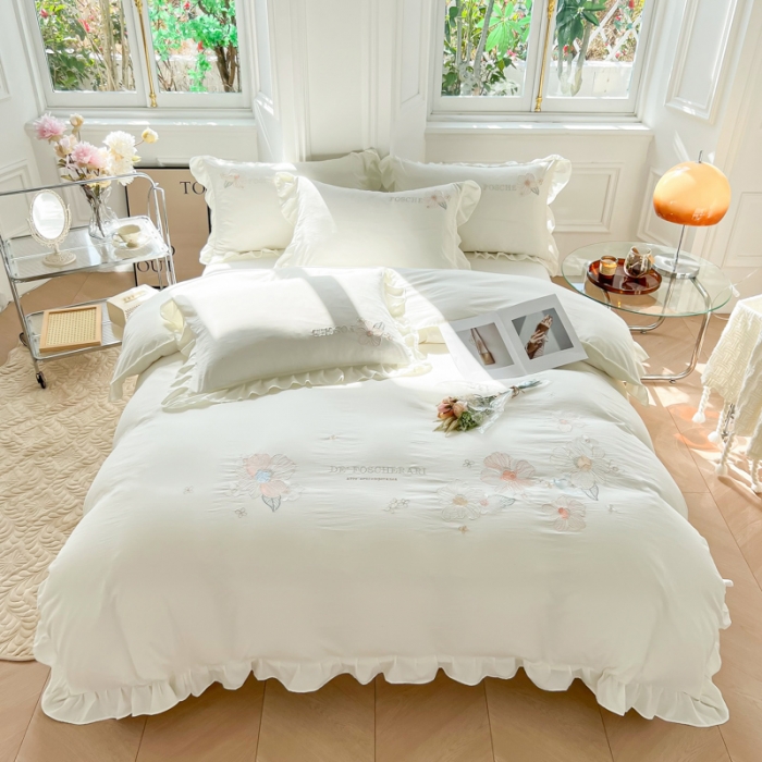 91家纺网 家纺一手货源 找家纺 ab家纺 2023新款满绣水洗棉四件套 本白