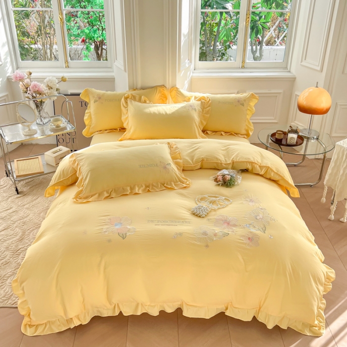 91家纺网 家纺一手货源 找家纺 ab家纺 2023新款满绣水洗棉四件套 鹅黄