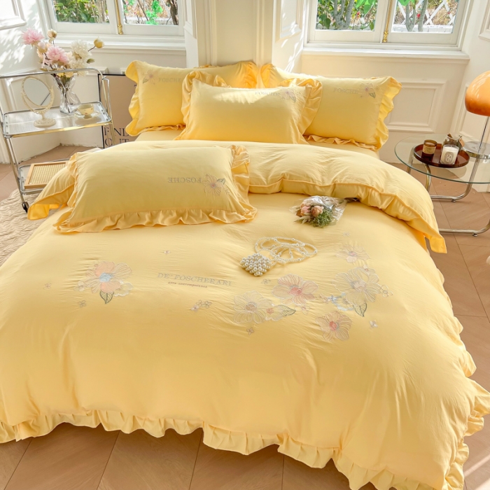 91家纺网 家纺一手货源 找家纺 ab家纺 2023新款满绣水洗棉四件套 鹅黄