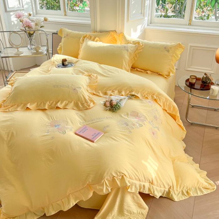 91家纺网 家纺一手货源 找家纺 ab家纺 2023新款满绣水洗棉四件套 鹅黄