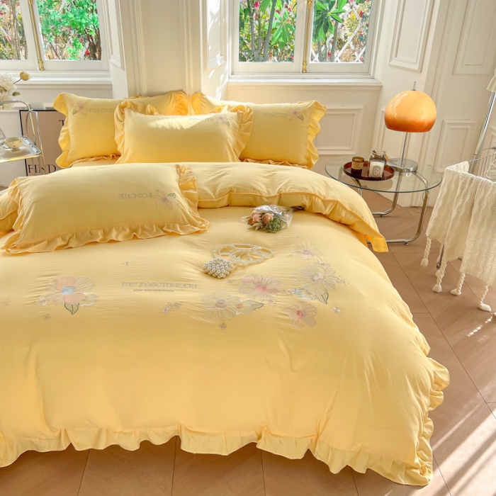 91家纺网 家纺一手货源 找家纺 ab家纺 2023新款满绣水洗棉四件套 鹅黄