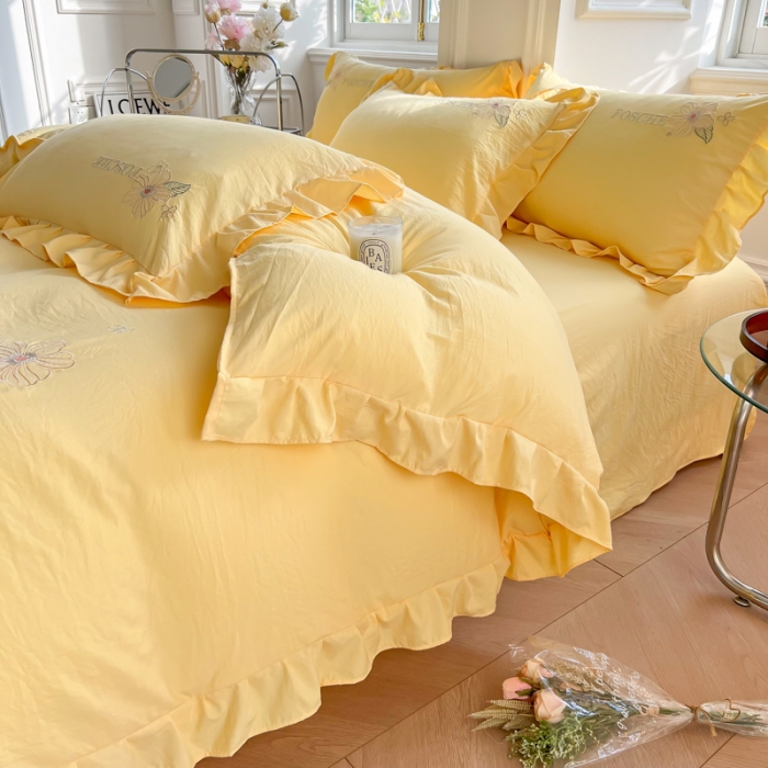 91家纺网 家纺一手货源 找家纺 ab家纺 2023新款满绣水洗棉四件套 鹅黄