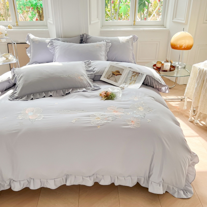 91家纺网 家纺一手货源 找家纺 ab家纺 2023新款满绣水洗棉四件套 浅灰