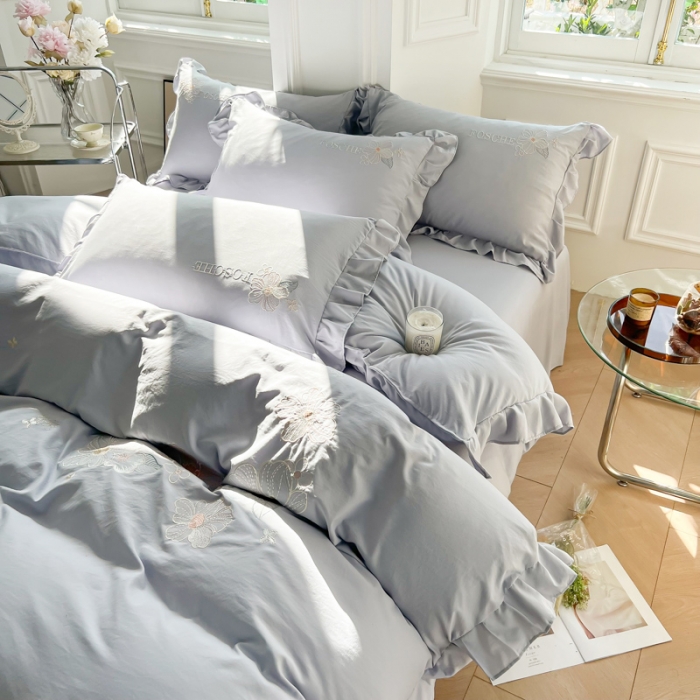 91家纺网 家纺一手货源 找家纺 ab家纺 2023新款满绣水洗棉四件套 浅灰
