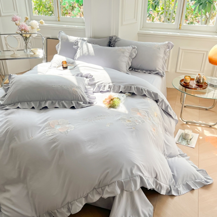 91家纺网 家纺一手货源 找家纺 ab家纺 2023新款满绣水洗棉四件套 浅灰