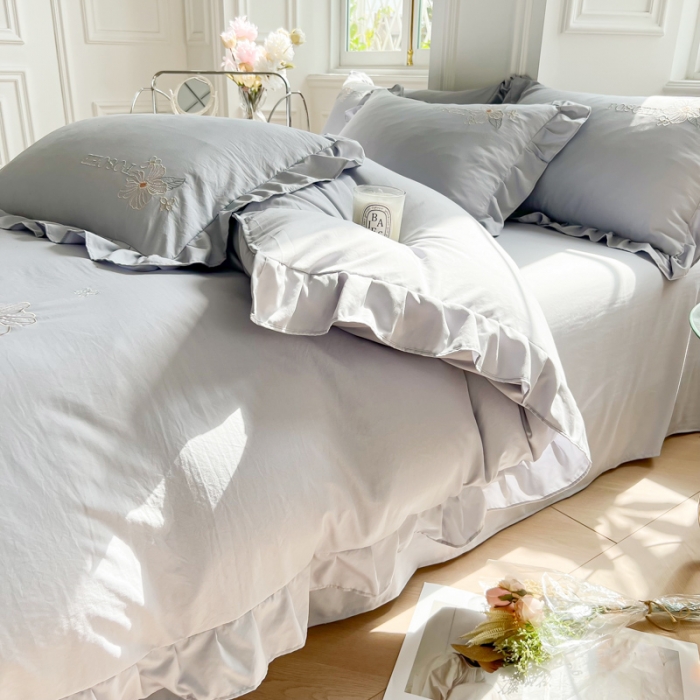 91家纺网 家纺一手货源 找家纺 ab家纺 2023新款满绣水洗棉四件套 浅灰