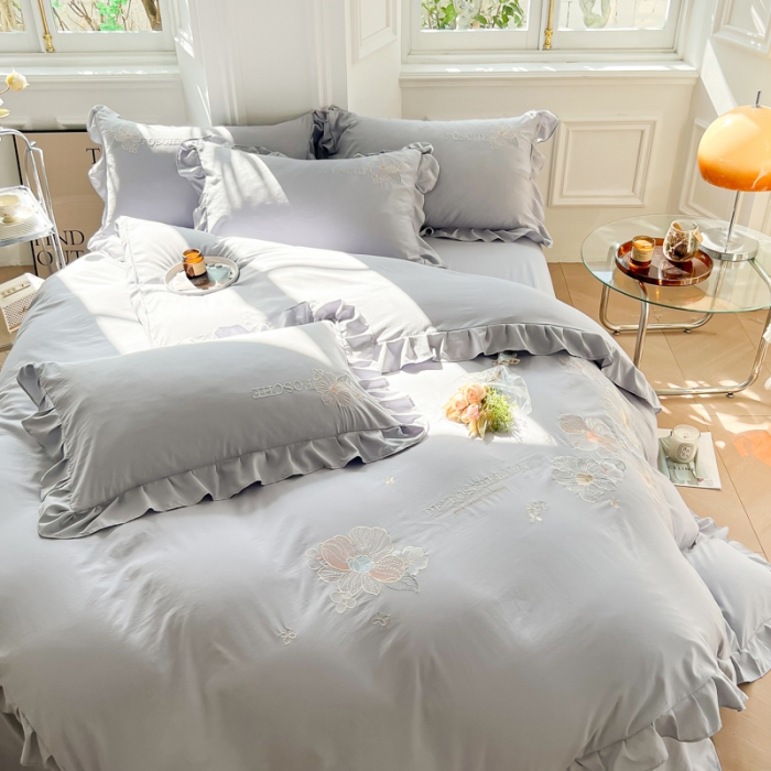 91家纺网 家纺一手货源 找家纺 ab家纺 2023新款满绣水洗棉四件套 浅灰