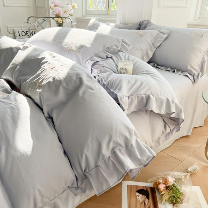 91家纺网 家纺一手货源 找家纺 ab家纺 2023新款满绣水洗棉四件套 浅灰