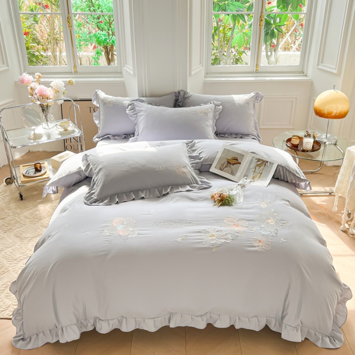 91家纺网 家纺一手货源 找家纺 ab家纺 2023新款满绣水洗棉四件套 浅灰