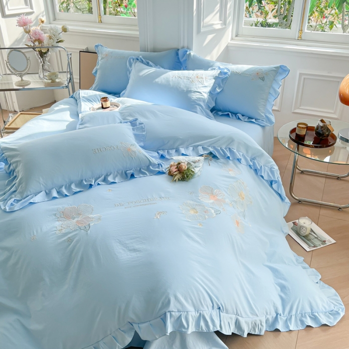 91家纺网 家纺一手货源 找家纺 ab家纺 2023新款满绣水洗棉四件套 浅蓝