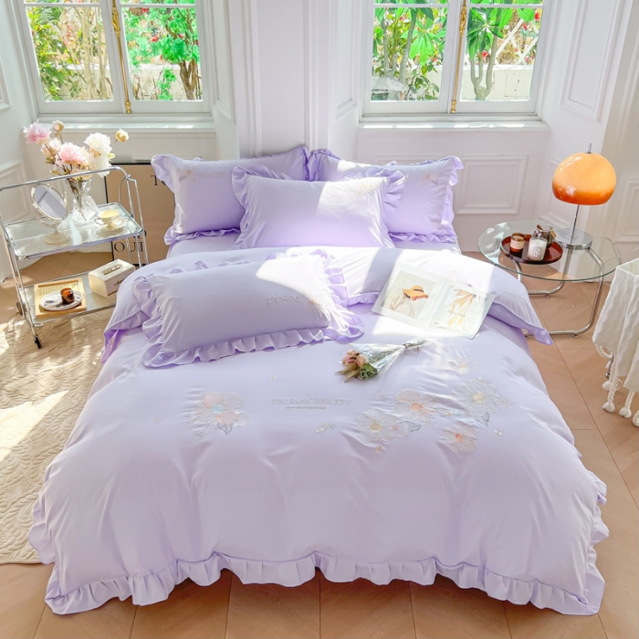 91家纺网 家纺一手货源 找家纺 ab家纺 2023新款满绣水洗棉四件套 浅紫