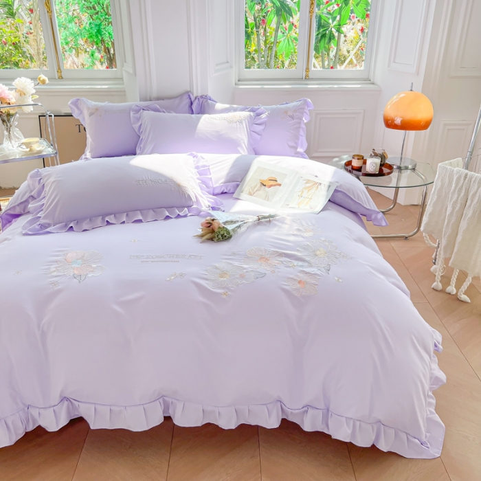 91家纺网 家纺一手货源 找家纺 ab家纺 2023新款满绣水洗棉四件套 浅紫