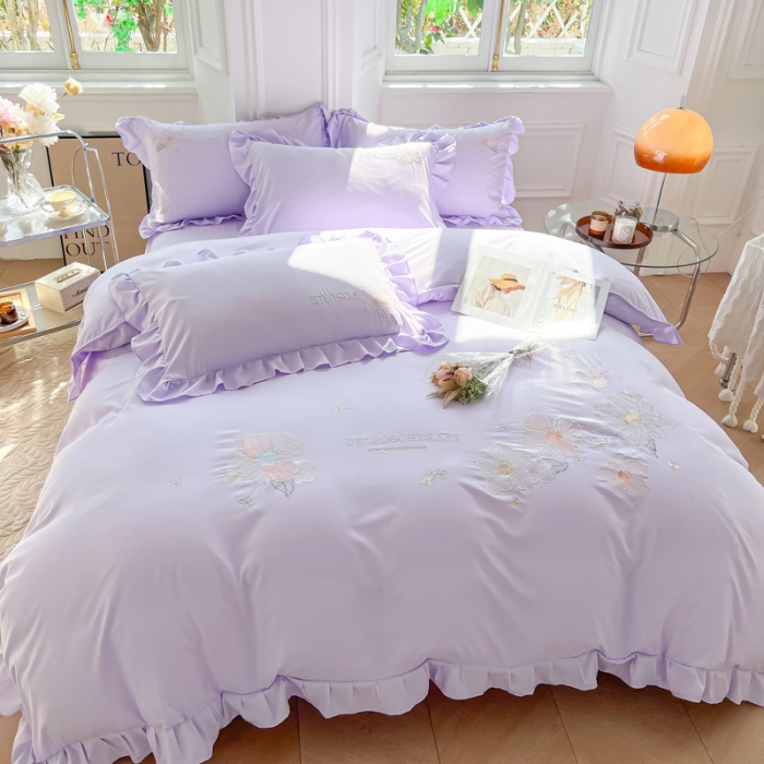91家纺网 家纺一手货源 找家纺 ab家纺 2023新款满绣水洗棉四件套 浅紫