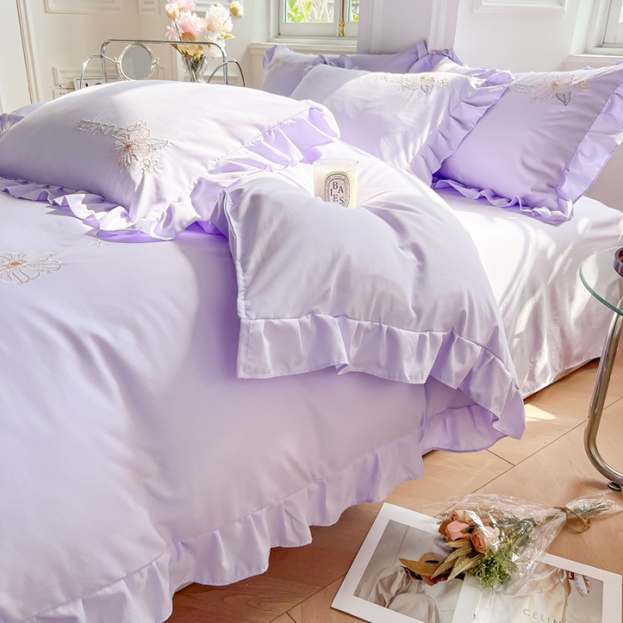 91家纺网 家纺一手货源 找家纺 ab家纺 2023新款满绣水洗棉四件套 浅紫