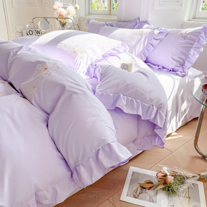 91家纺网 家纺一手货源 找家纺 ab家纺 2023新款满绣水洗棉四件套 浅紫