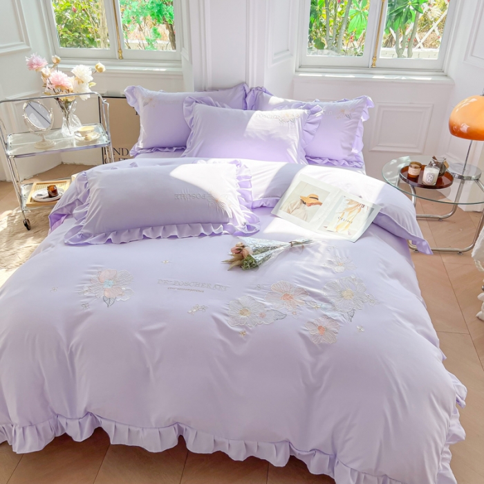 91家纺网 家纺一手货源 找家纺 ab家纺 2023新款满绣水洗棉四件套 浅紫