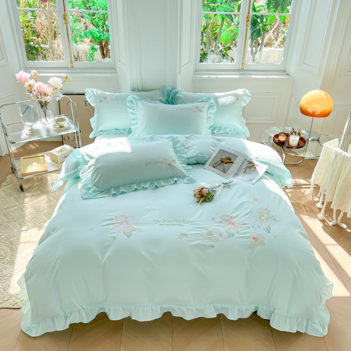 91家纺网 家纺一手货源 找家纺 ab家纺 2023新款满绣水洗棉四件套 水兰