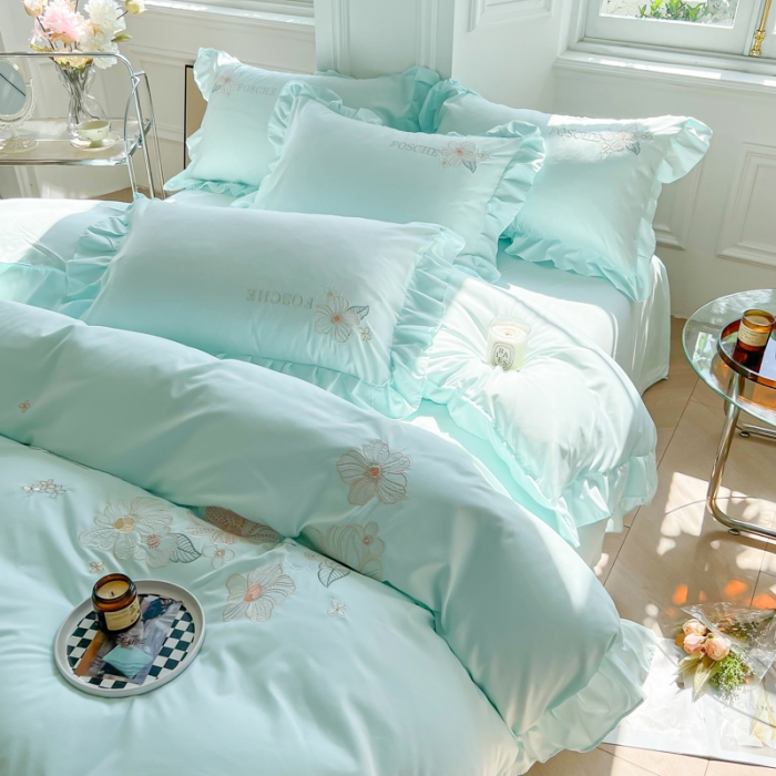 91家纺网 家纺一手货源 找家纺 ab家纺 2023新款满绣水洗棉四件套 水兰